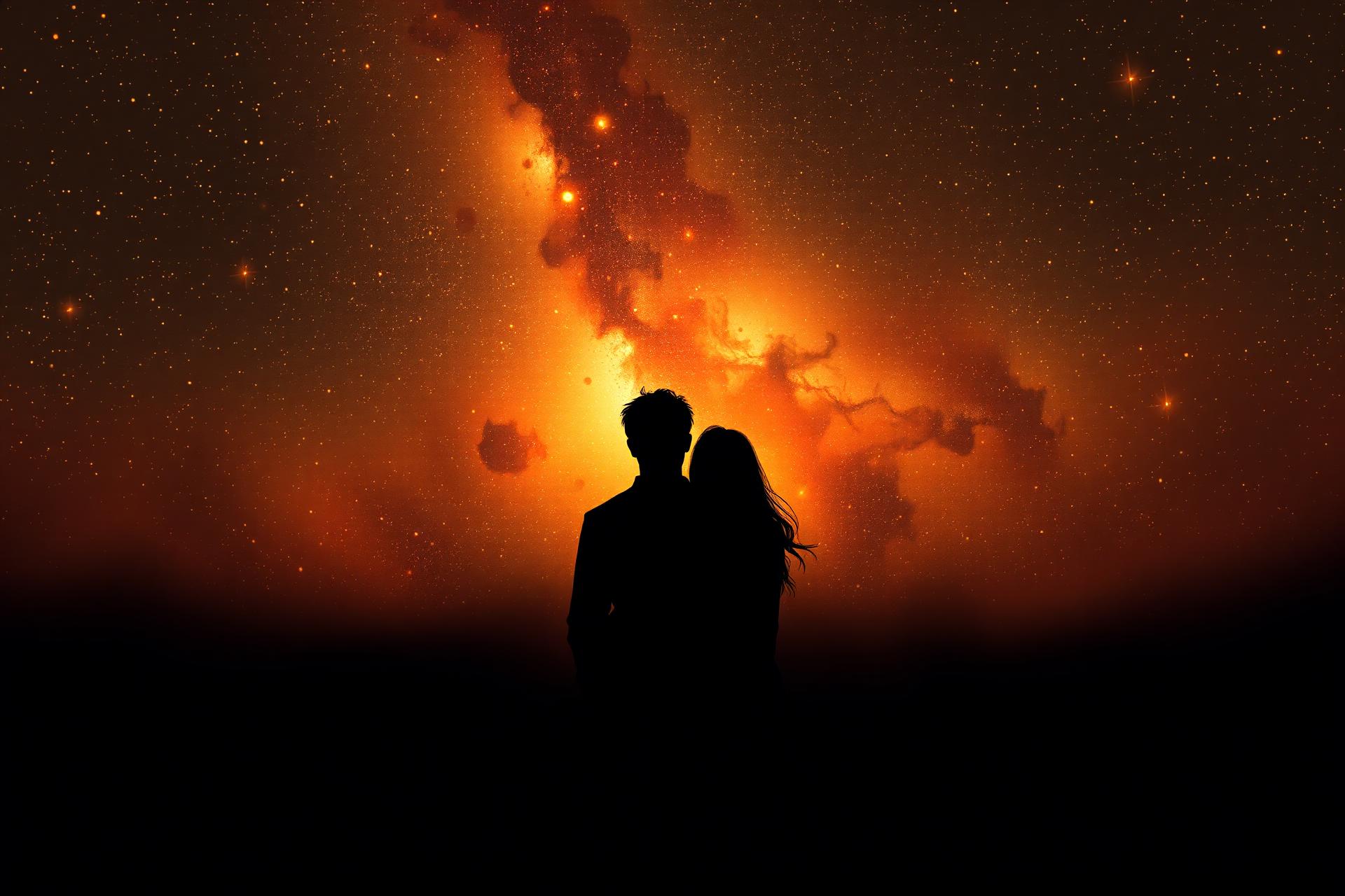 A cinematic illustration of a couple under a starry universe